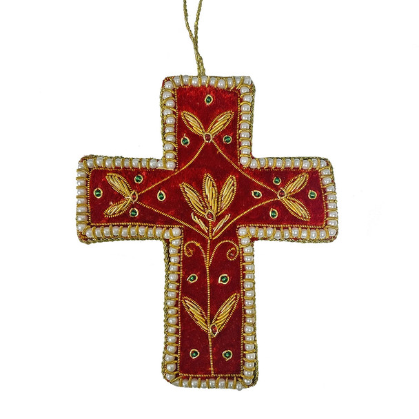 Red and Gold Beaded Velvet Cross Decoration