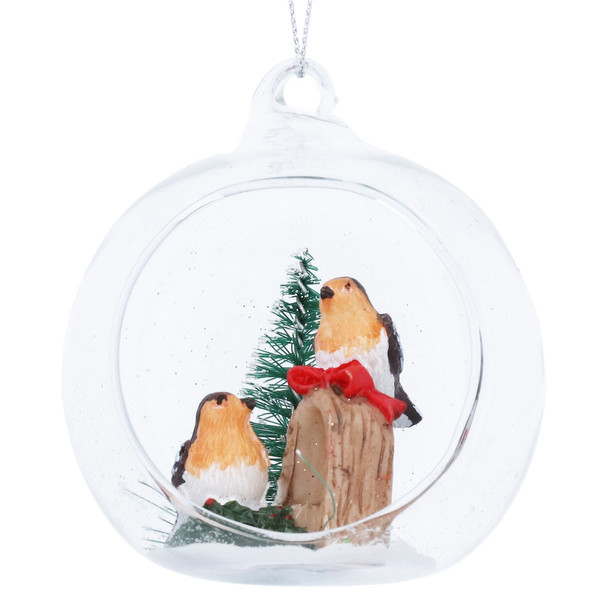 Robins in Clear Glass Bauble