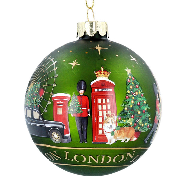 Glass Green London Christmas Scene Bauble
