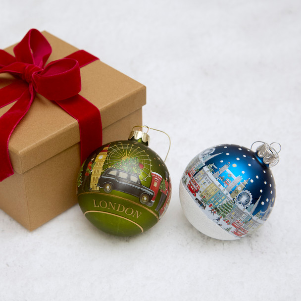 Glass Green London Christmas Scene Bauble
