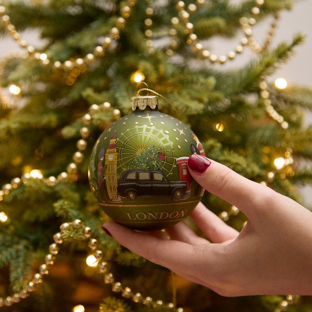 Glass Green London Christmas Scene Bauble