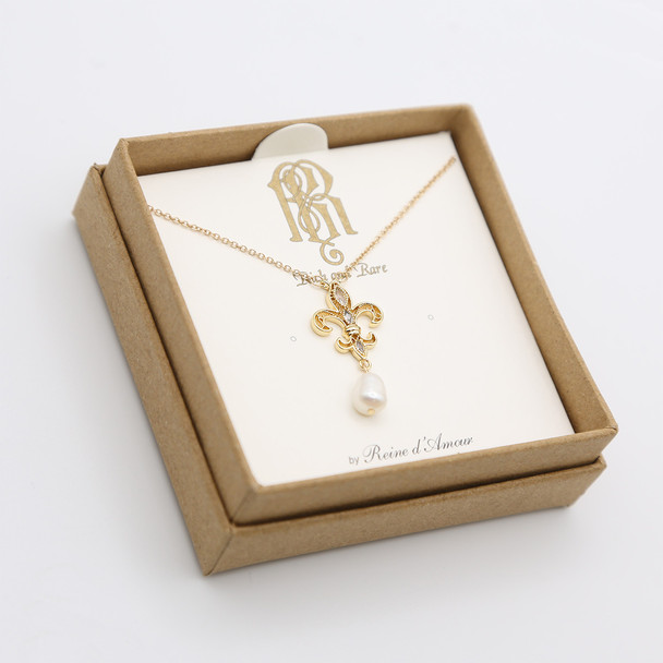 Fleur de Lys Drop Necklace with Faux Pearl