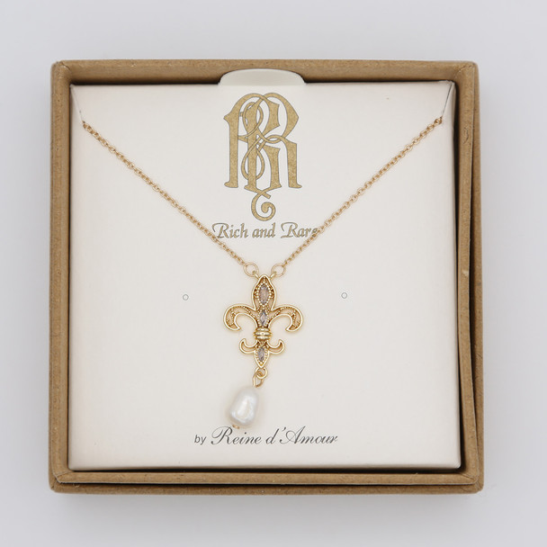 Fleur de Lys Drop Necklace with Faux Pearl