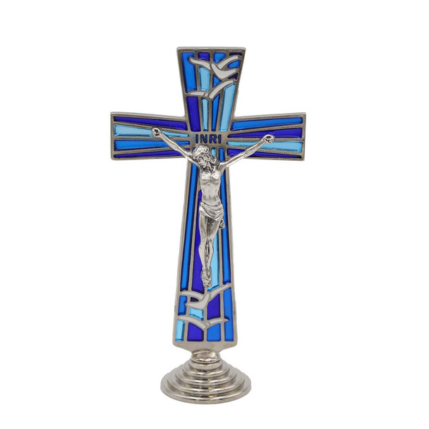 Standing Silver and Blue Glass Crucifix