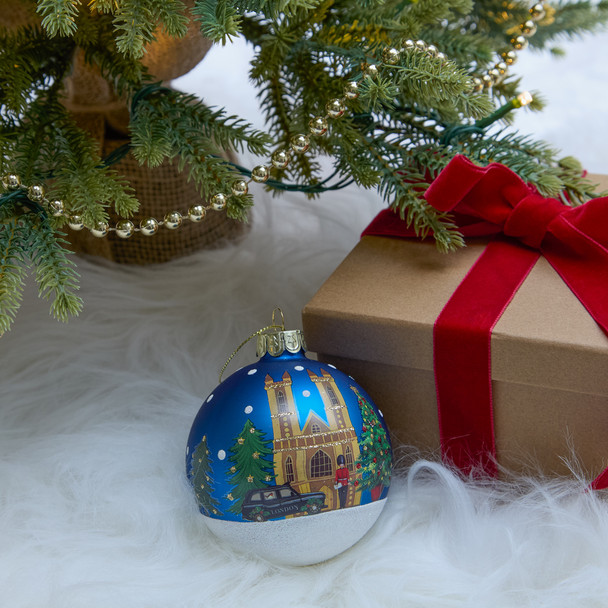 London Christmas Scene Blue Glass Bauble