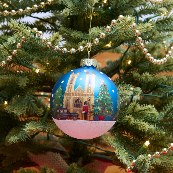 London Christmas Scene Blue Glass Bauble