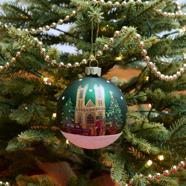 London Christmas Scene Green Glass Bauble