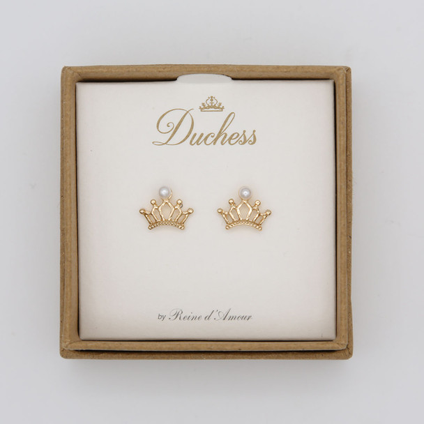 Gold Crown Pearl Stud Earrings