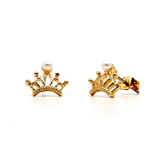 Gold Crown Pearl Stud Earrings