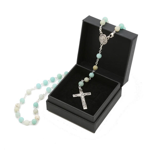 Stone Amazonite Rosary Silver Plated Crucifix