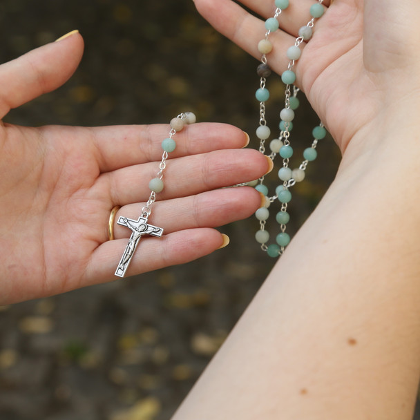 Stone Amazonite Rosary Silver Plated Crucifix