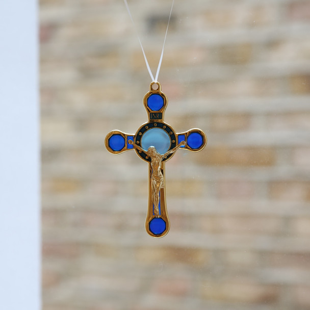 Blue Stained Glass Hanging Cross