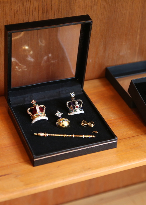 A display box showing a replica of the crown jewels