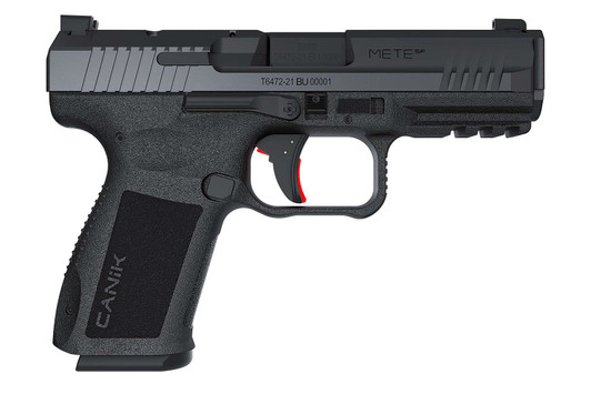 Canik METE SF Combat 9mm pistol, black finish, threaded barrel, side view