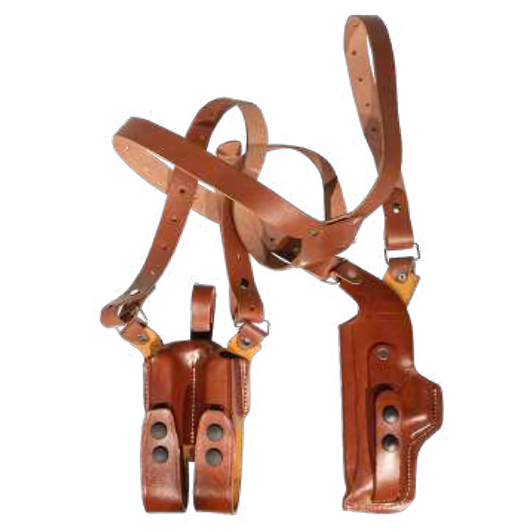 CANiK brown horizontal leather shoulder holster, adjustable harness, angled side view