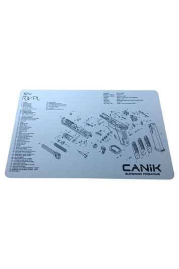 Canik SFx Rival cleaning mat with printed parts list, top view, 27x42cm