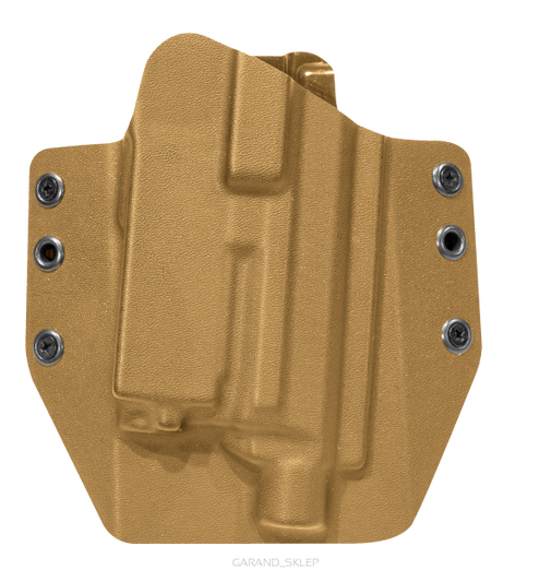 CANiK Kydex holster OWB right hand FDE for TP9 SF/SFx/METE full-size with Olight PL Mini 2, side view