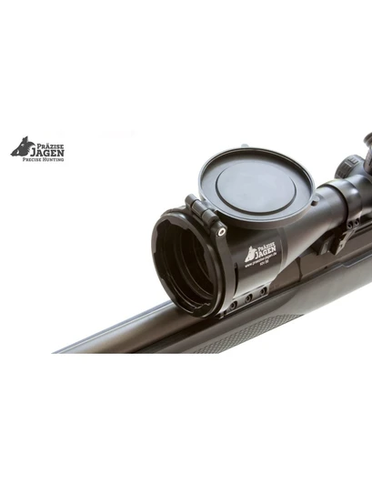 Precise Hunting 61mm Flip Cover mounted on base clamp, protecting rifle scope lens