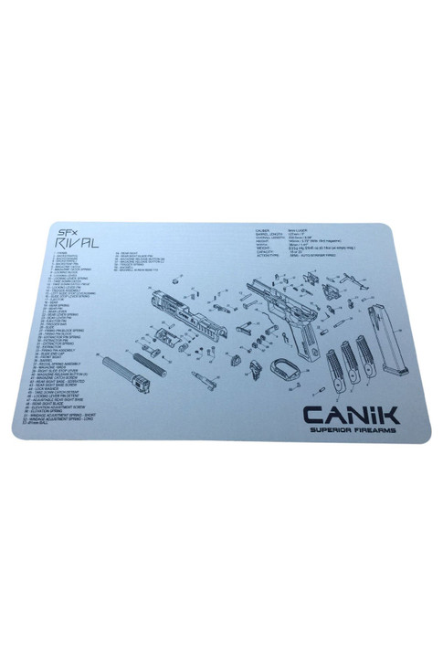 Canik SFx Rival cleaning mat with printed parts list, top view, 27x42cm