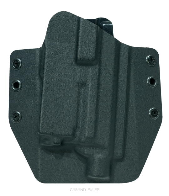 CANiK Kydex holster OWB right hand black for TP9 SF/SFx/METE full-size with Olight PL Mini 2, side view