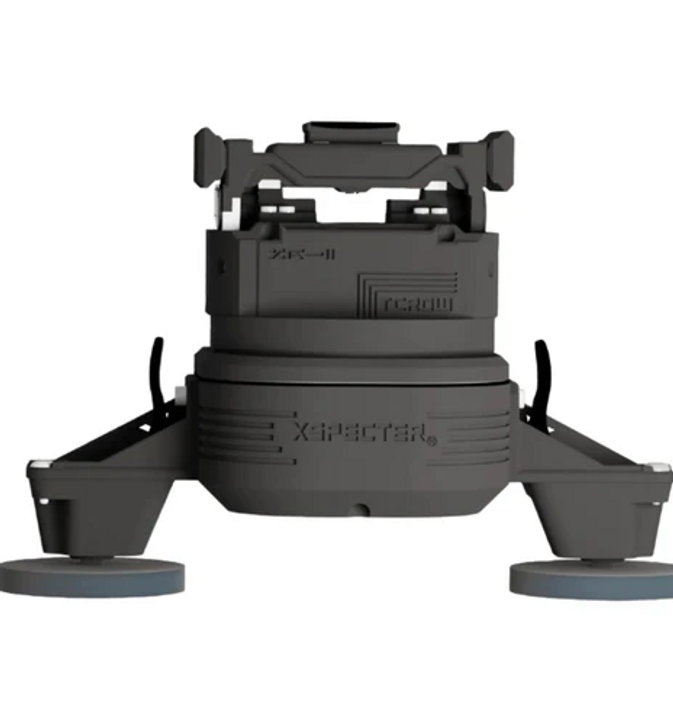 XSpecter T-CROW V2M camera carrier system, compact black design with stabilization legs and rotation base, side view