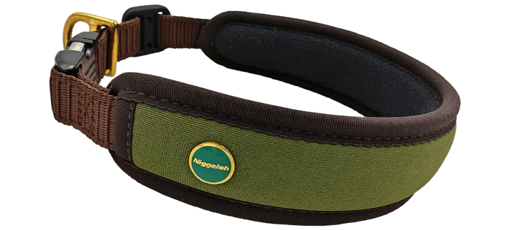 Niggeloh Fashion dog collar, Olive-Brown, size XS with quick-release and brass D-ring
