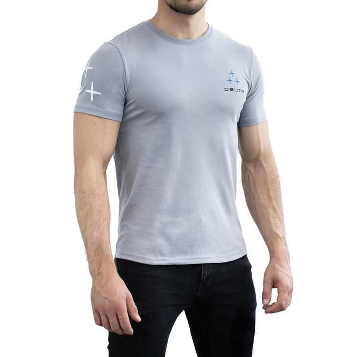 Delta Optical T-Shirt L, grey colour, front logo close-up view