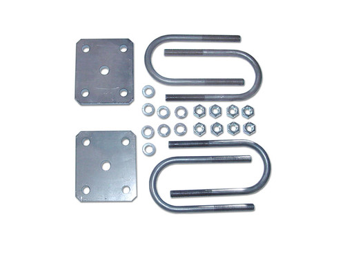 U-bolt flip kit designed for vehicles, consisting of two U-bolts and four metal plates, used to lift the rear suspension and increase ground clearance.