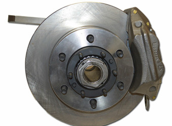 Full Tacoma Brake mounting kit with a variety of brake parts, such as mounting hardware, brake calipers, brake rotors, and brake pads.