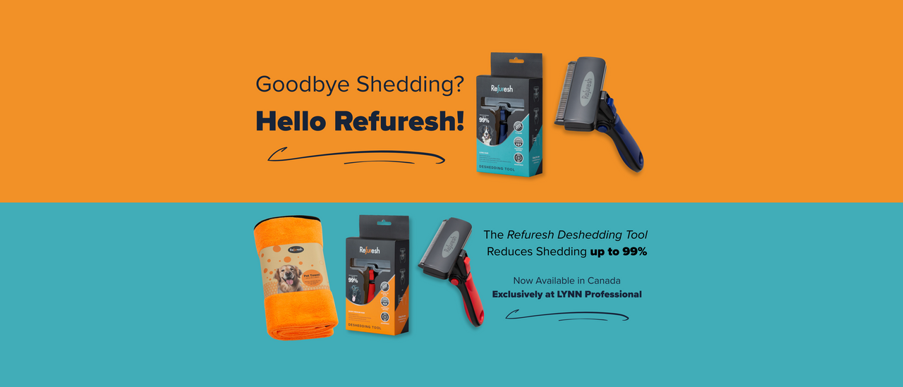 Images of Refuresh Deshedding Tools - with text announcing availability in Canada through LYNN Professional