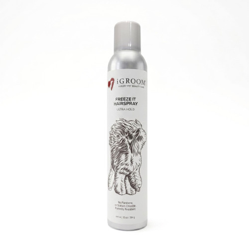 iGroom Freeze It Aerosol Spray, a white cylindrical bottle with a spray nozzle featuring a lion illustration and product details for ultra hold pet hair.