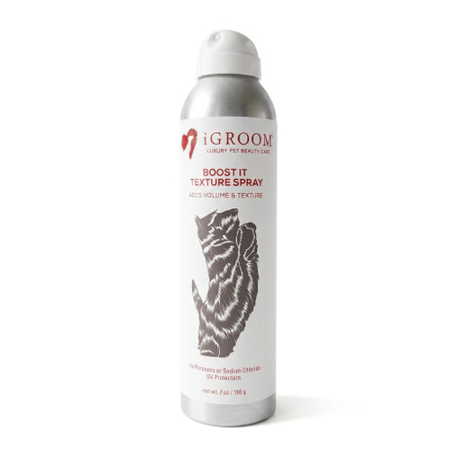 iGroom Boost It Texture Aerosol Spray, silver and white can with a black and white illustration of a cat and red accents, adding volume and texture to pet coats.