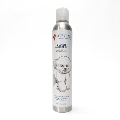 iGroom Shape It Aerosol Dog Hairspray, a white cylindrical spray can with a cute dog illustration, fast-drying and flexible hold pet grooming product.