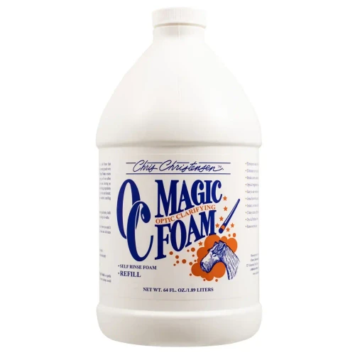 Chris Christensen OC Magic Foam, self rinse foam with optic clarifying properties in a white bottle with blue and orange label featuring a horse illustration.