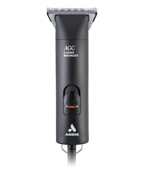 Andis AGC Super 2-Speed Brushless Clipper with M-Force, front view of the cordless trimmer with a black body and adjustable blade.