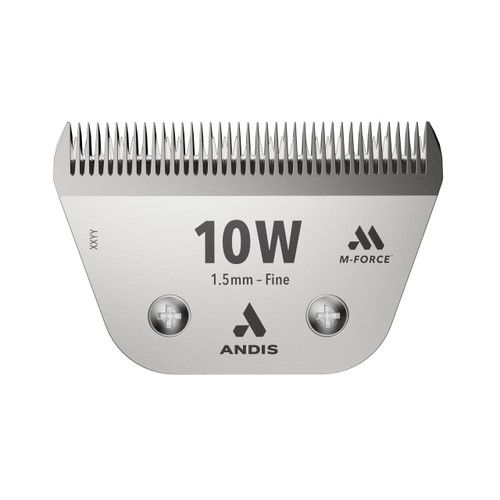Andis 10W UltraEdge M-Force Wide Blade (563526), close-up image of a professional hair clipper attachment with sharp, fine cutting teeth and silver finish.