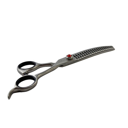 Lupo Offset Chunker Shears — Japanese 440C Steel, professional hair cutting shears with ergonomic design, stainless steel blades, and a red gem accent.