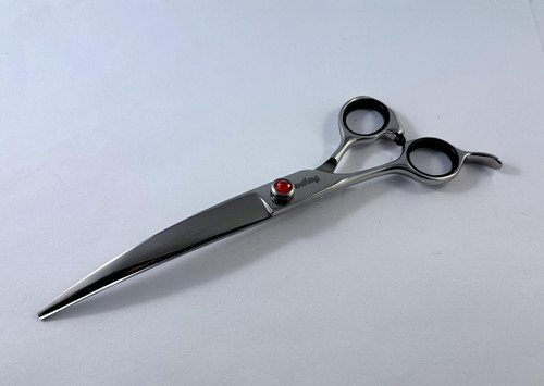 Lupo Offset Curved Scissors — Left-Handed, 7.5" , stainless steel hairdressing scissors with curved blades and ergonomic finger rings on a plain background.