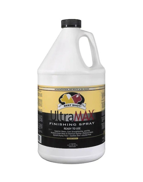 Best Shot UltraMAX Finishing Spray, a large white plastic bottle with a black cap and a yellow and black label detailing product features.