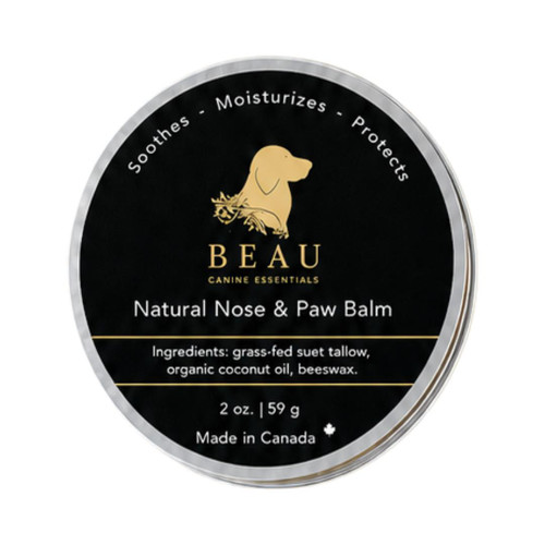 Beau Canine Essentials Beau Essentials Natural Nose and Paw Balm, round black container with gold and white label, featuring a gold silhouette of a dog and ingredients listed on the label.