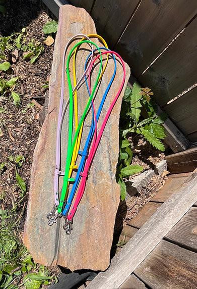 Jigsew Biothane Grooming Loop with Clip, colorful adjustable grooming loops laid on a wooden surface outdoors.