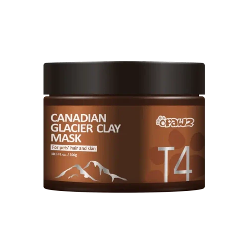 Opawz Canadian Glacier Clay Mask, brown container with label showcasing a mountain graphic and text indicating it is for pets' hair and skin, 10.5 oz / 300g.