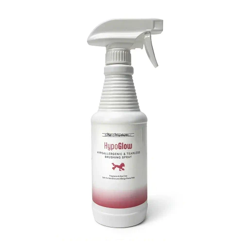 Chris Christensen HypoGlow Hypoallergenic Brushing Spray 16oz, white spray bottle with pink label and black text, featuring a silhouette of a dog.