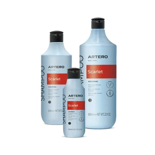 Artero Scarlet Shampoo, image of three bottles of coloring shampoo for red and brown hair with black caps and light blue bottles.
