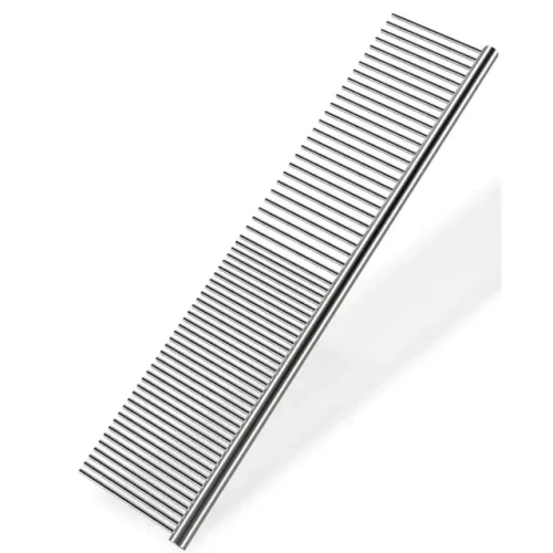 Salon Outfitters Stainless Steel Combination Comb - 7.5 inches, shiny metal design with fine teeth for professional hair styling and grooming.