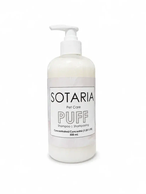 Sotaria PUFF Shampoo Concentrate - 500ml, white plastic bottle with pump dispenser for pet care, suitable for cleaning pets' fur and skin.