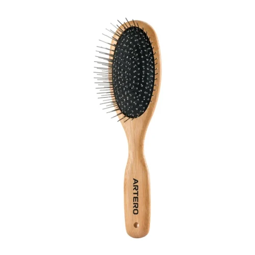 Artero Nova Super Soft Pin Brush (P956), a wooden grooming brush with soft pink pins and a black cushioned base for gentle pet hair detangling.