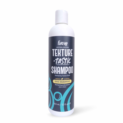 FurHQ Texture-Tastic Shampoo, 355 mL mango-scented dog shampoo in a white bottle with a dark blue and turquoise label, shown against a white background.