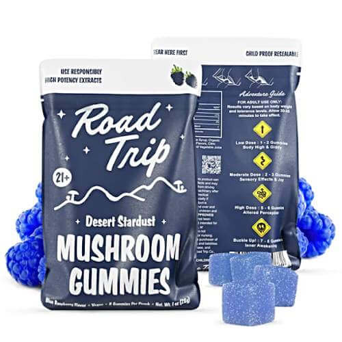 Road Trip Desert Stardust Magic Mushroom Gummies Blue Raspberry background