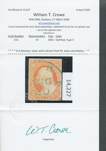 UNITED STATES 11A, Green Cancel, EXTREMELY FINE (Crowe certificate) - 424955